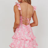 Moonlit Moment Ruffle Trim Lace-Up Back Dress Flowers Pink