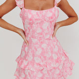 Moonlit Moment Ruffle Trim Lace-Up Back Dress Flowers Pink