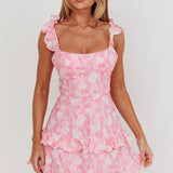Moonlit Moment Ruffle Trim Lace-Up Back Dress Flowers Pink