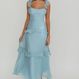 Moonlit Moment Ruffle Trim Lace-Up Back Maxi Dress Blue