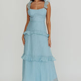 Moonlit Moment Ruffle Trim Lace-Up Back Maxi Dress Blue