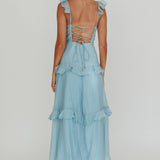 Moonlit Moment Ruffle Trim Lace-Up Back Maxi Dress Blue