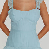 Moonlit Moment Ruffle Trim Lace-Up Back Maxi Dress Blue