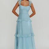 Moonlit Moment Ruffle Trim Lace-Up Back Maxi Dress Blue