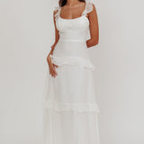 Moonlit Moment Ruffle Trim Lace-Up Back Maxi Dress White