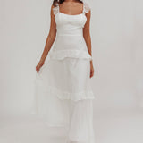Moonlit Moment Ruffle Trim Lace-Up Back Maxi Dress White
