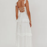Moonlit Moment Ruffle Trim Lace-Up Back Maxi Dress White