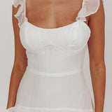 Moonlit Moment Ruffle Trim Lace-Up Back Maxi Dress White