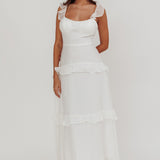 Moonlit Moment Ruffle Trim Lace-Up Back Maxi Dress White