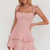 Moonlit Moment Ruffle Trim Piping Detail Lace-Up Back Dress Dusty Rose