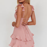 Moonlit Moment Ruffle Trim Piping Detail Lace-Up Back Dress Dusty Rose