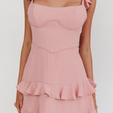 Moonlit Moment Ruffle Trim Piping Detail Lace-Up Back Dress Dusty Rose