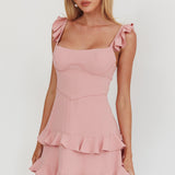 Moonlit Moment Ruffle Trim Piping Detail Lace-Up Back Dress Dusty Rose