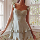 Moonlit Moment Ruffle Trim Piping Detail Lace-Up Back Dress Sage