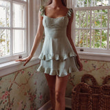 Moonlit Moment Ruffle Trim Piping Detail Lace-Up Back Dress Sage