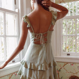 Moonlit Moment Ruffle Trim Piping Detail Lace-Up Back Dress Sage