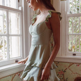 Moonlit Moment Ruffle Trim Piping Detail Lace-Up Back Dress Sage