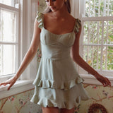 Moonlit Moment Ruffle Trim Piping Detail Lace-Up Back Dress Sage
