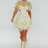 Tres Chic Flutter Sleeve Cut-Out Dress Floral Yellow