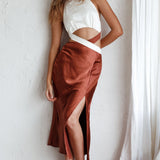 Social Butterfly Cut-Out Waist Midi Dress White Brown