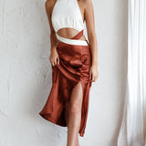 Social Butterfly Cut-Out Waist Midi Dress White Brown