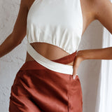 Social Butterfly Cut-Out Waist Midi Dress White Brown