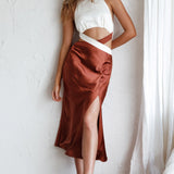 Social Butterfly Cut-Out Waist Midi Dress White Brown