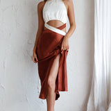 Social Butterfly Cut-Out Waist Midi Dress White Brown