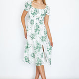 Amilie Shirred Waist Midi Dress Floral Print White/Olive