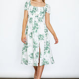 Amilie Shirred Waist Midi Dress Floral Print White/Olive