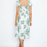 Amilie Shirred Waist Midi Dress Floral Print White/Olive