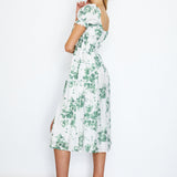 Amilie Shirred Waist Midi Dress Floral Print White/Olive