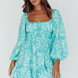 Amilie Shirred Long Sleeve Dress Floral Green