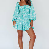 Amilie Shirred Long Sleeve Dress Floral Green
