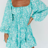 Amilie Shirred Long Sleeve Dress Floral Green