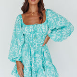 Amilie Shirred Long Sleeve Dress Floral Green