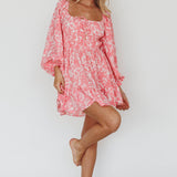 Amilie Shirred Long Sleeve Dress Floral Pink