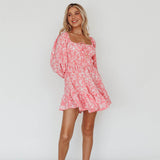 Amilie Shirred Long Sleeve Dress Floral Pink