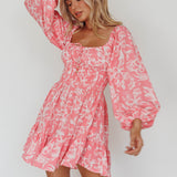 Amilie Shirred Long Sleeve Dress Floral Pink