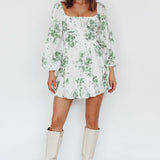 Amilie Shirred Long Sleeve Dress Floral White/Olive