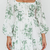 Amilie Shirred Long Sleeve Dress Floral White/Olive