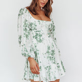 Amilie Shirred Long Sleeve Dress Floral White/Olive