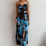 Missoula Cami Strap Padded Bust Midi Dress Flower Blue