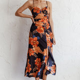 Missoula Cami Strap Padded Bust Midi Dress Flower Orange