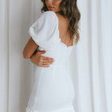 Aperol Spritz Shirred Bodice Puff Sleeve Mini Dress White