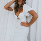 Aperol Spritz Shirred Bodice Puff Sleeve Mini Dress White