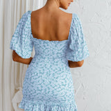 Aperol Spritz Shirred Bodice Puff Sleeve Mini Dress Floral Blue