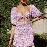 Aperol Spritz Shirred Bodice Puff Sleeve Mini Dress Floral Pink