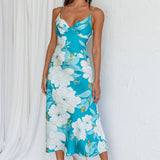 Infinity Pintuck Bust Midi Dress Flower Teal