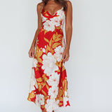 Infinity Pintuck Bust Midi Dress Flower Red